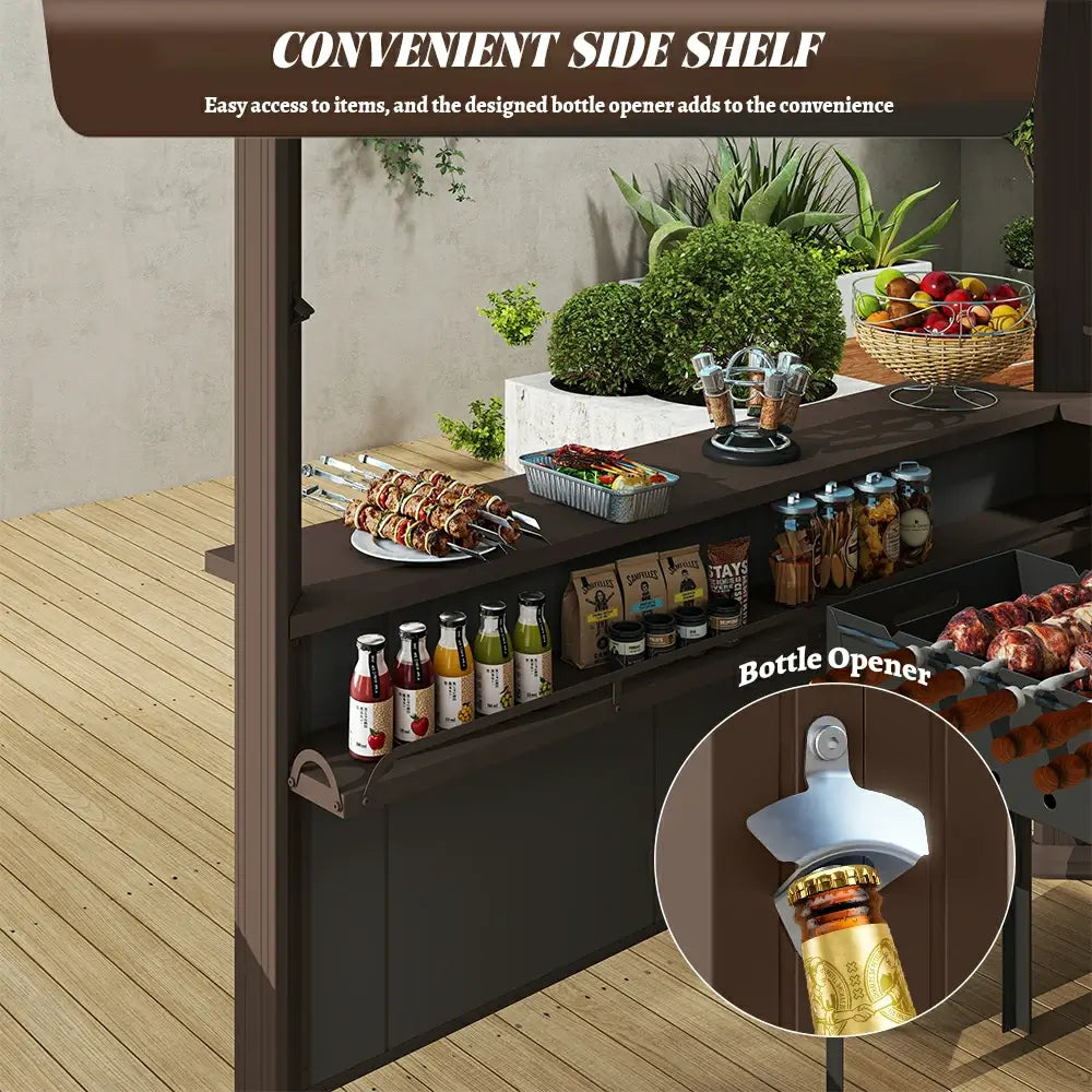 Functional side shelf on the domi 9x6 Brown BBQ grill gazebo, equipped with a built-in bottle opener and convenient prep area for outdoor entertaining.