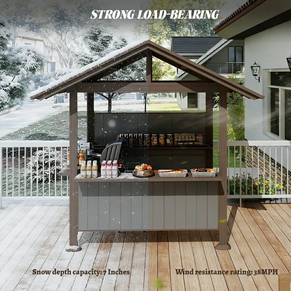 Durable domi 9x6 brown grill pavilion with superior snow load capacity. Engineered with a heavy-duty steel roof to handle heavy snow in winters.