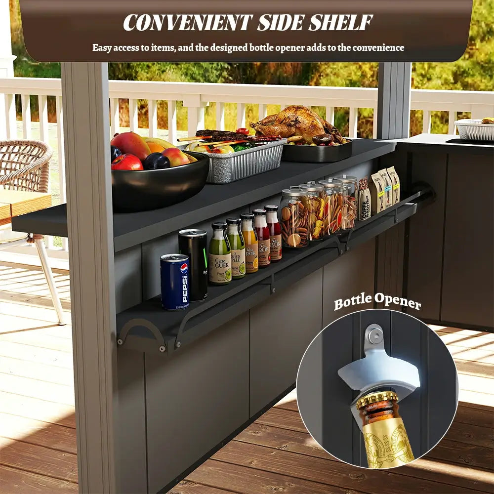Close-up of the convenient side shelf on the domi 9x6 BBQ shelter, featuring a built-in bottle opener and ample prep space for outdoor cooking.