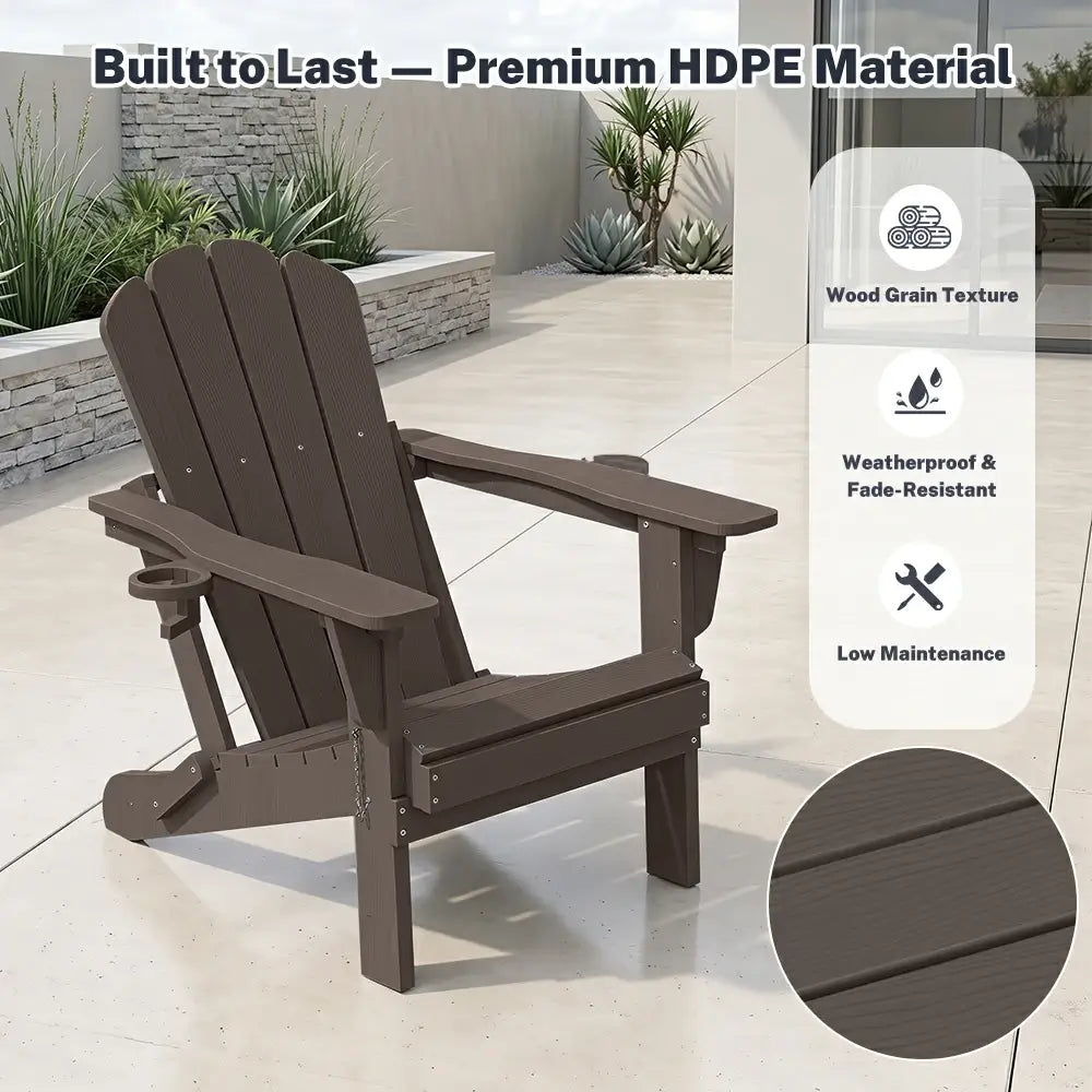 Domi weatherproof dark brown HDPE Muskoka & Adirondackchair with wood grain texture