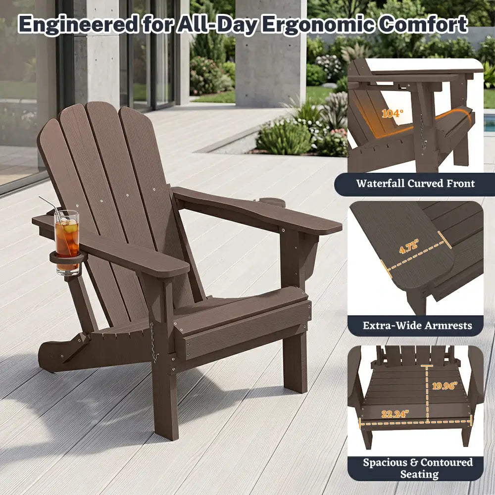 Domi dark brown adjustable Muskoka Adirondack chair with ergonomic design, wide armrests, and waterfall curved seat