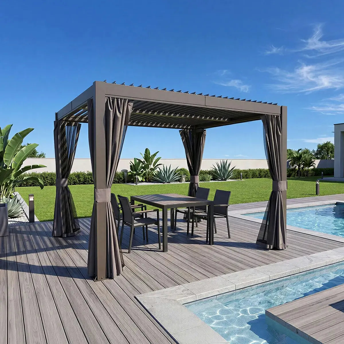 Domi Outdoor Living Louvered Pergola Brown#Size_10' x 10'