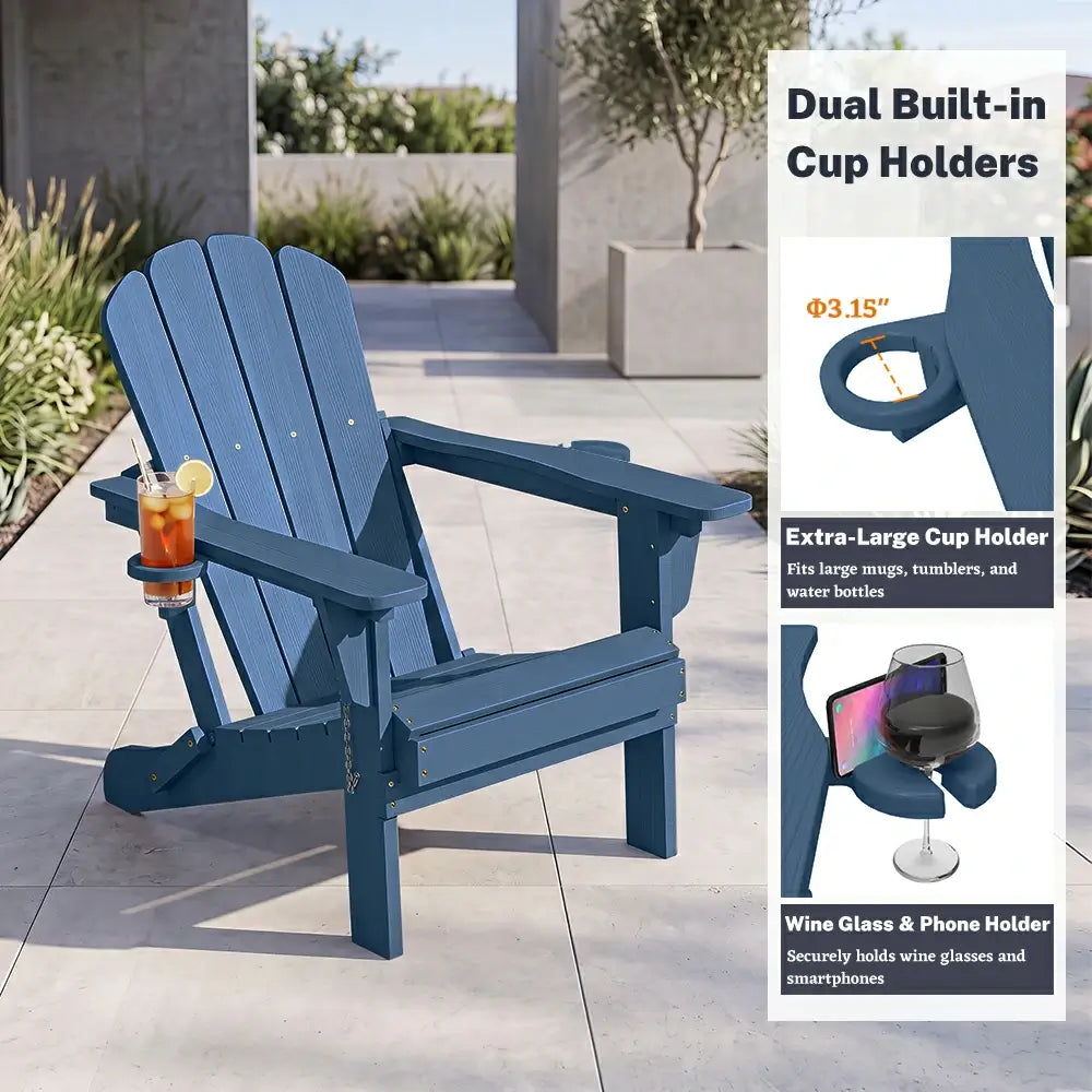 Domi classic HDPE dark blue Muskoka Adirondack chair with dual built in cup holders and phone holder