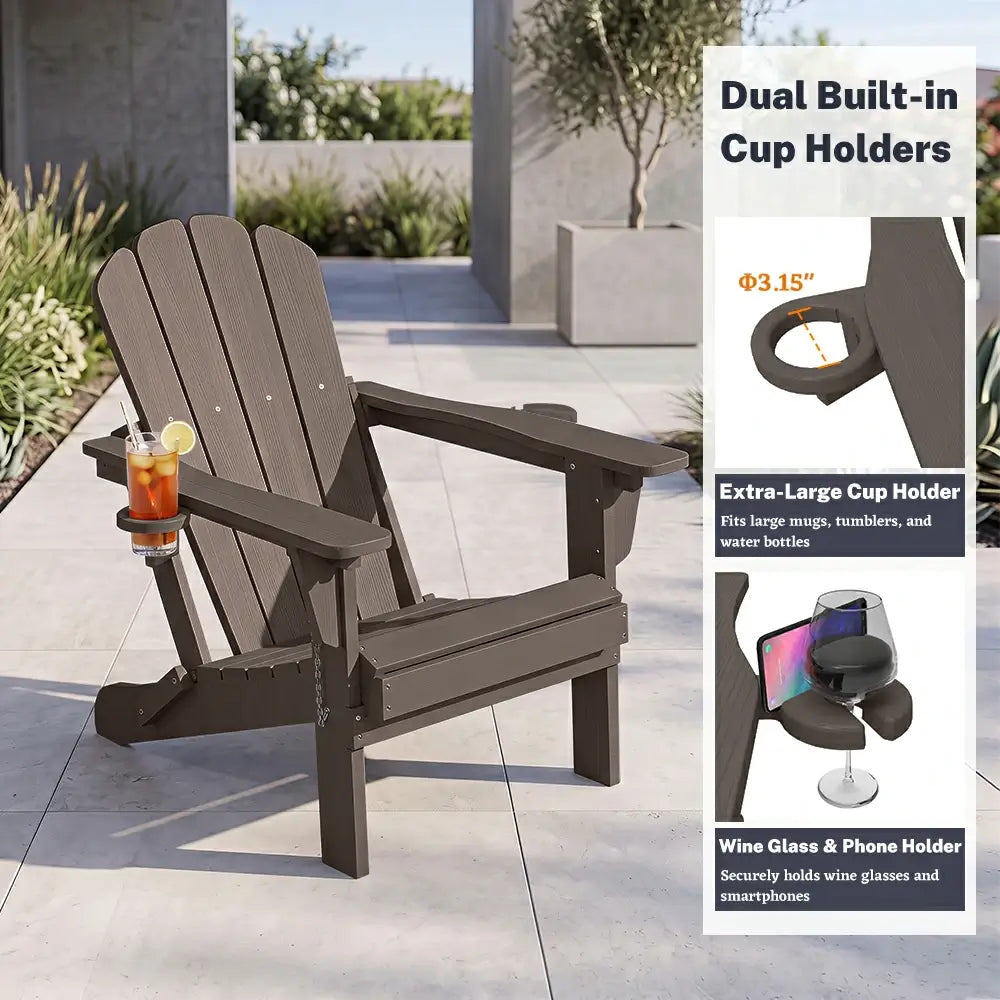 Domi classic HDPE dark brown Muskoka Adirondack chair with dual built in cup holders and phone holder
