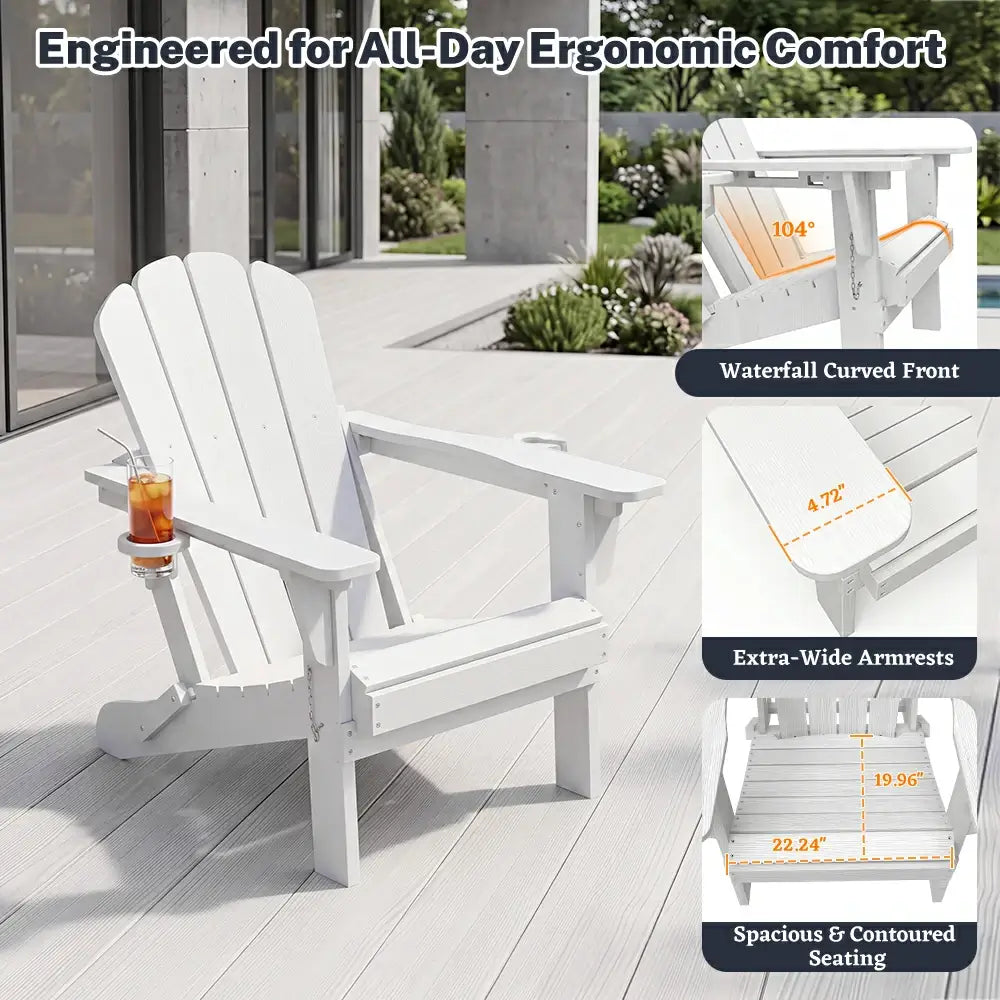 Domi classic HDPE white Muskoka Adirondack chair with ergonomic comfort curved seat and wide armrests