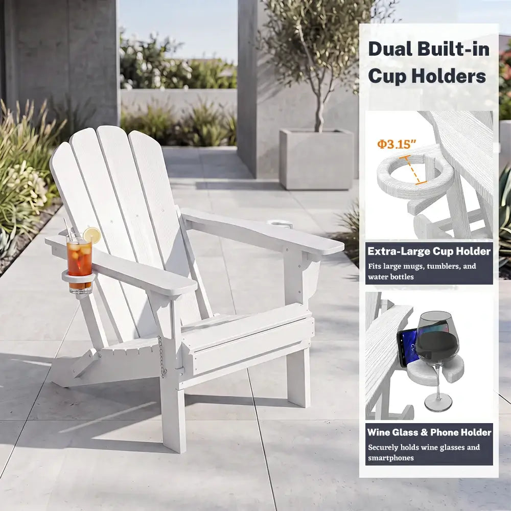 Domi classic HDPE white Muskoka Adirondack chair with dual built in cup holders and phone holder
