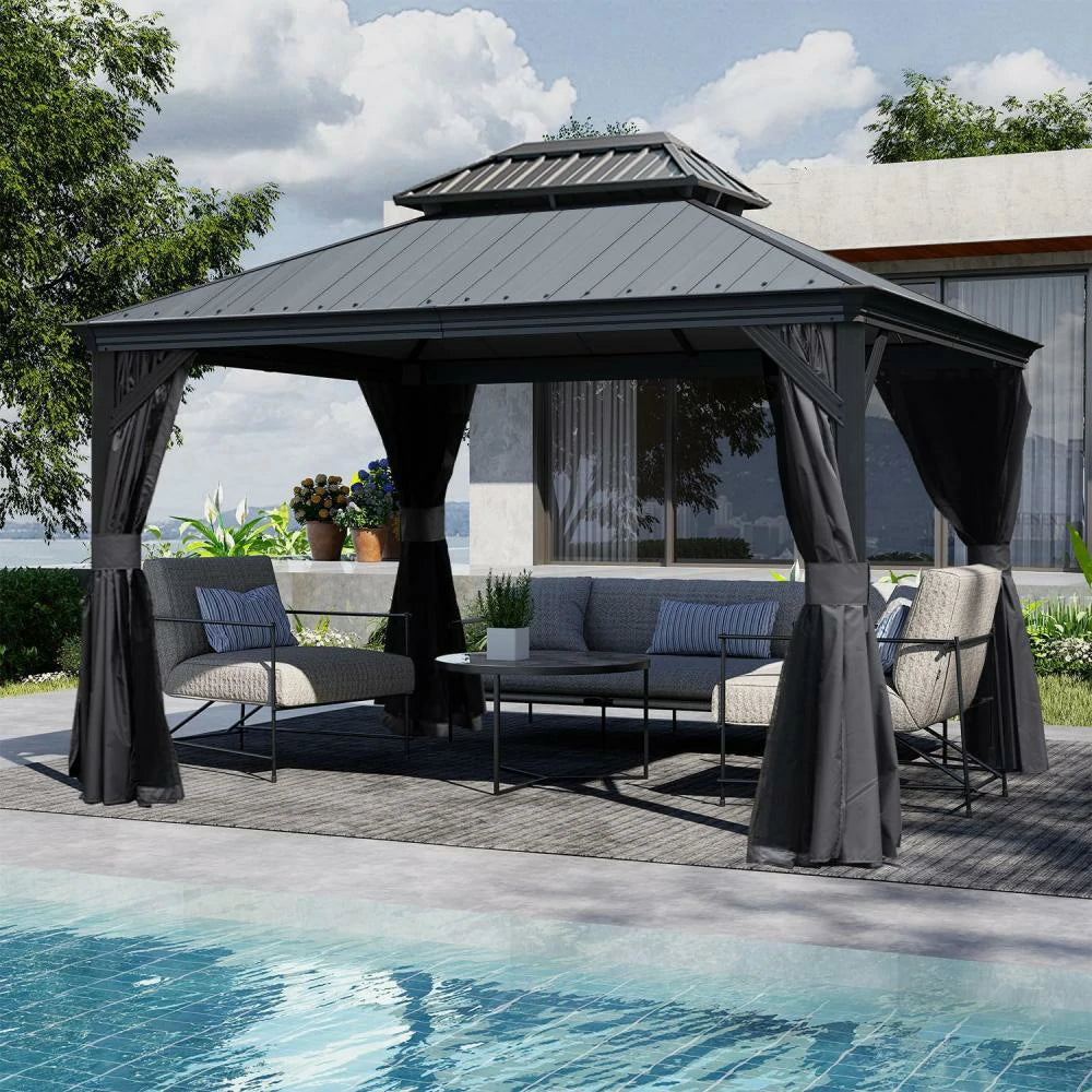 Galvanized Steel Hardtop Gazebo Dark Gray with Resin Roof & Gutters