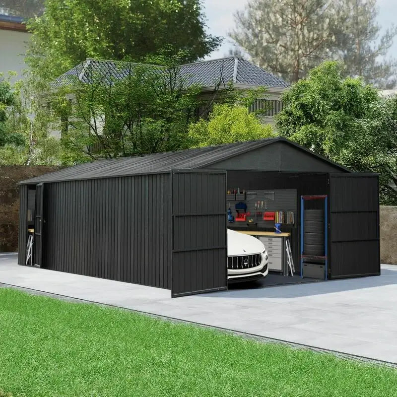 Domi Outdoor Living Dark Gray Metal Garage Shed Carport 12'x15' with Dual Doors
