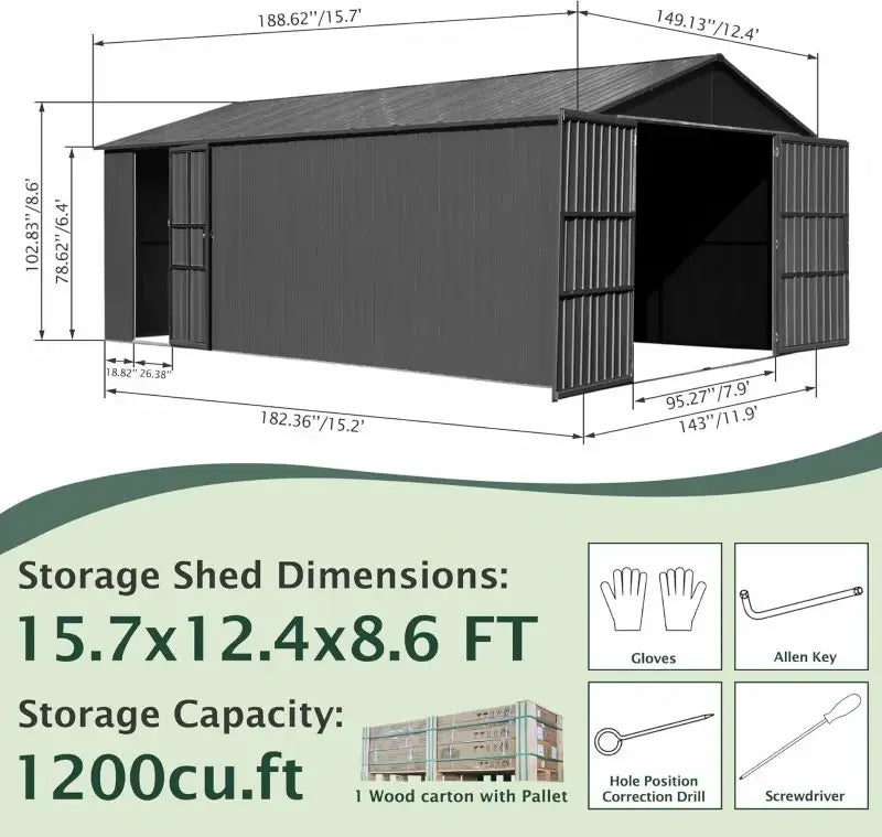 Domi Outdoor Living Dark Gray Metal Garage Shed Carport 12'x15' with Dual Doors