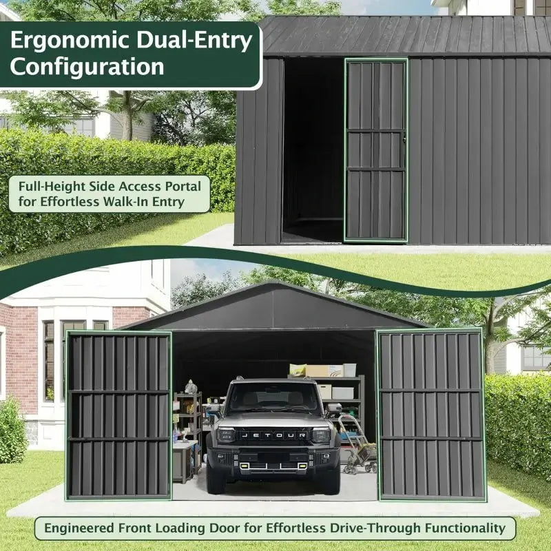 Domi Outdoor Living Dark Gray Metal Garage Shed Carport 12'x15' with Dual Doors