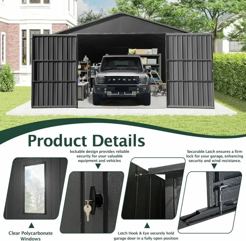 Domi Outdoor Living Dark Gray Metal Garage Shed Carport 12'x15' with Dual Doors