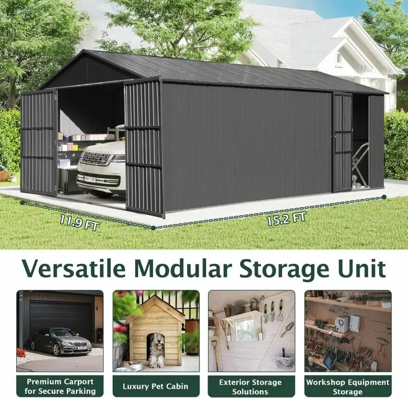 Domi Outdoor Living Dark Gray Metal Garage Shed Carport 12'x15' with Dual Doors