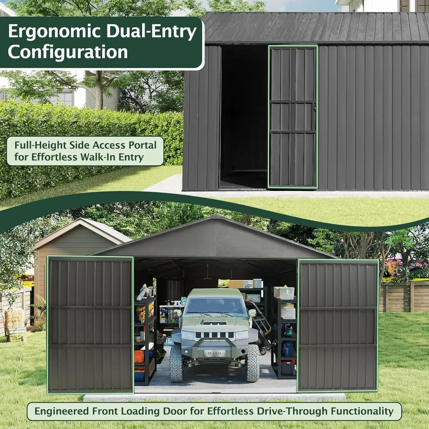 Domi Outdoor Living Dark Gray Metal Garage Shed Carport 12'x20' with Dual Doors