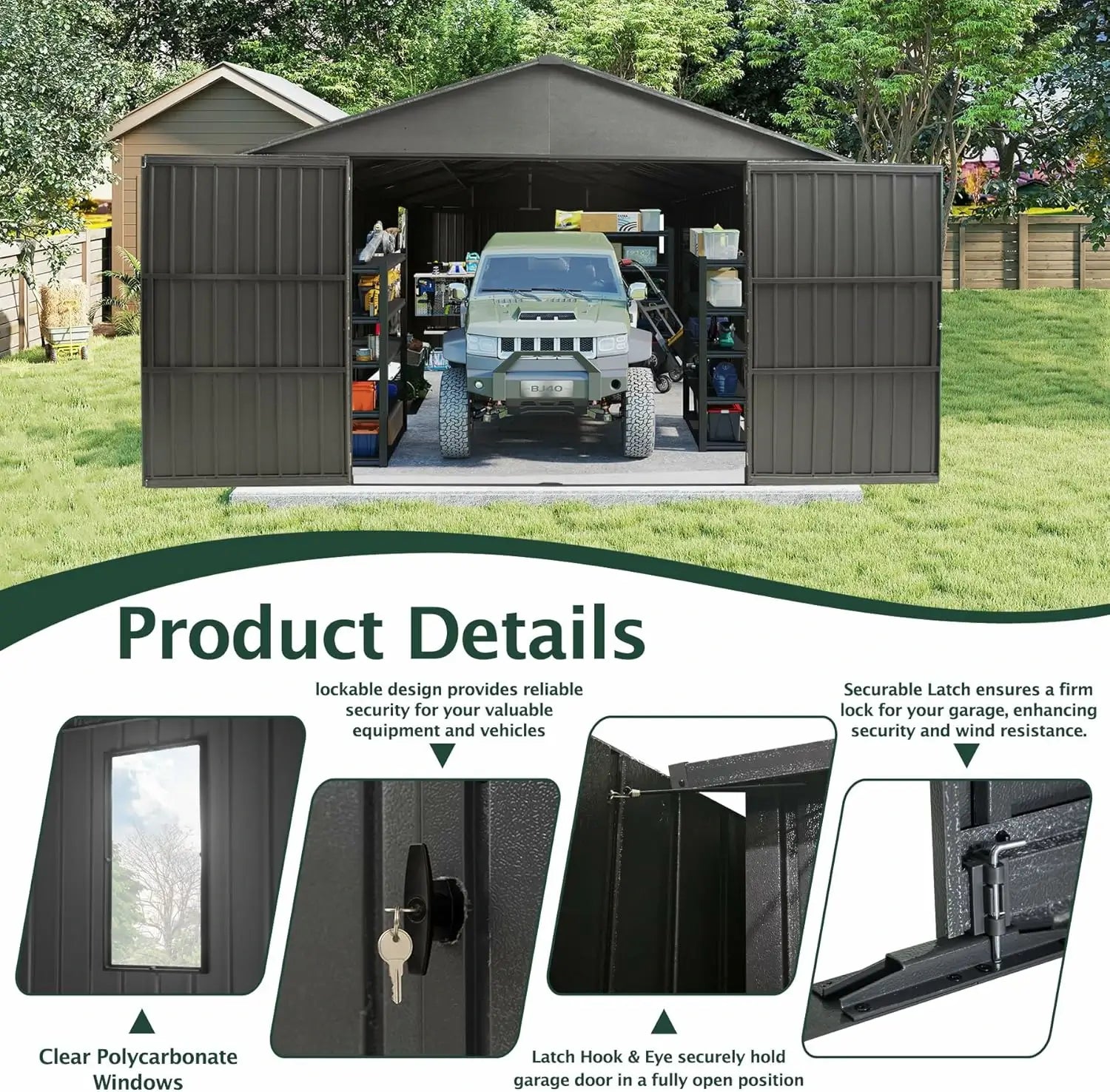 Domi Outdoor Living Dark Gray Metal Garage Shed Carport 12'x20' with Dual Doors