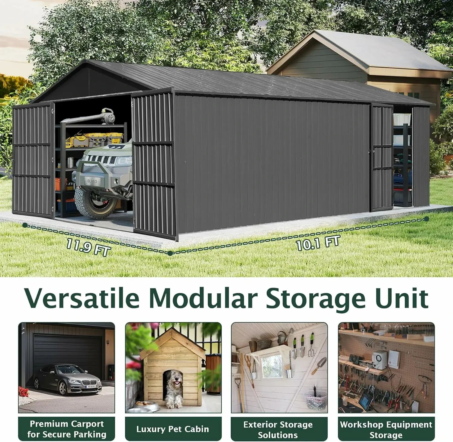 Domi Outdoor Living Dark Gray Metal Garage Shed Carport 12'x20' with Dual Doors