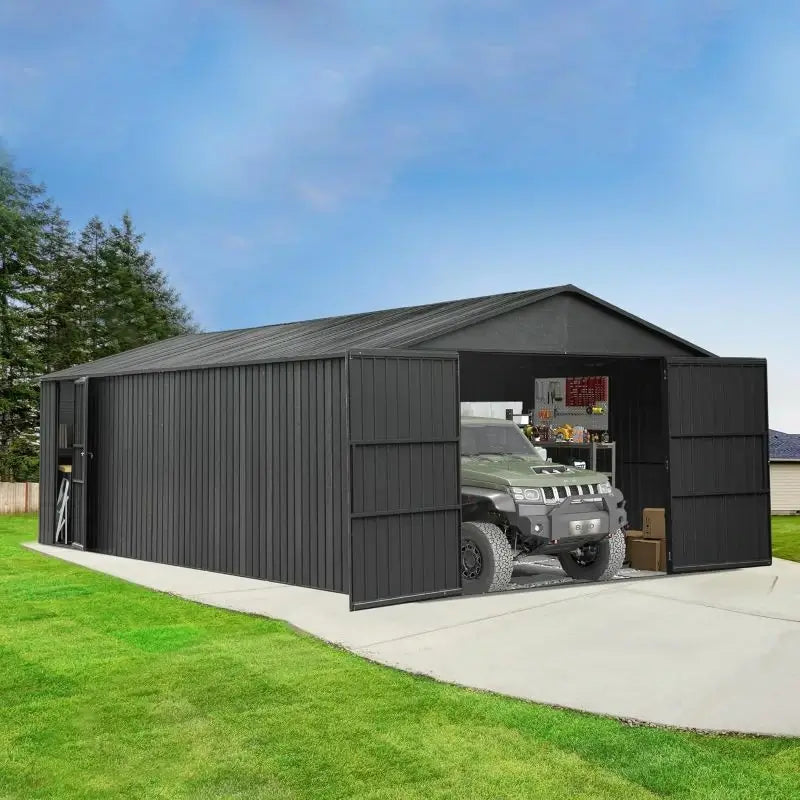 Domi Outdoor Living Dark Gray Metal Garage Shed Carport 12'x25' with Dual Doors
