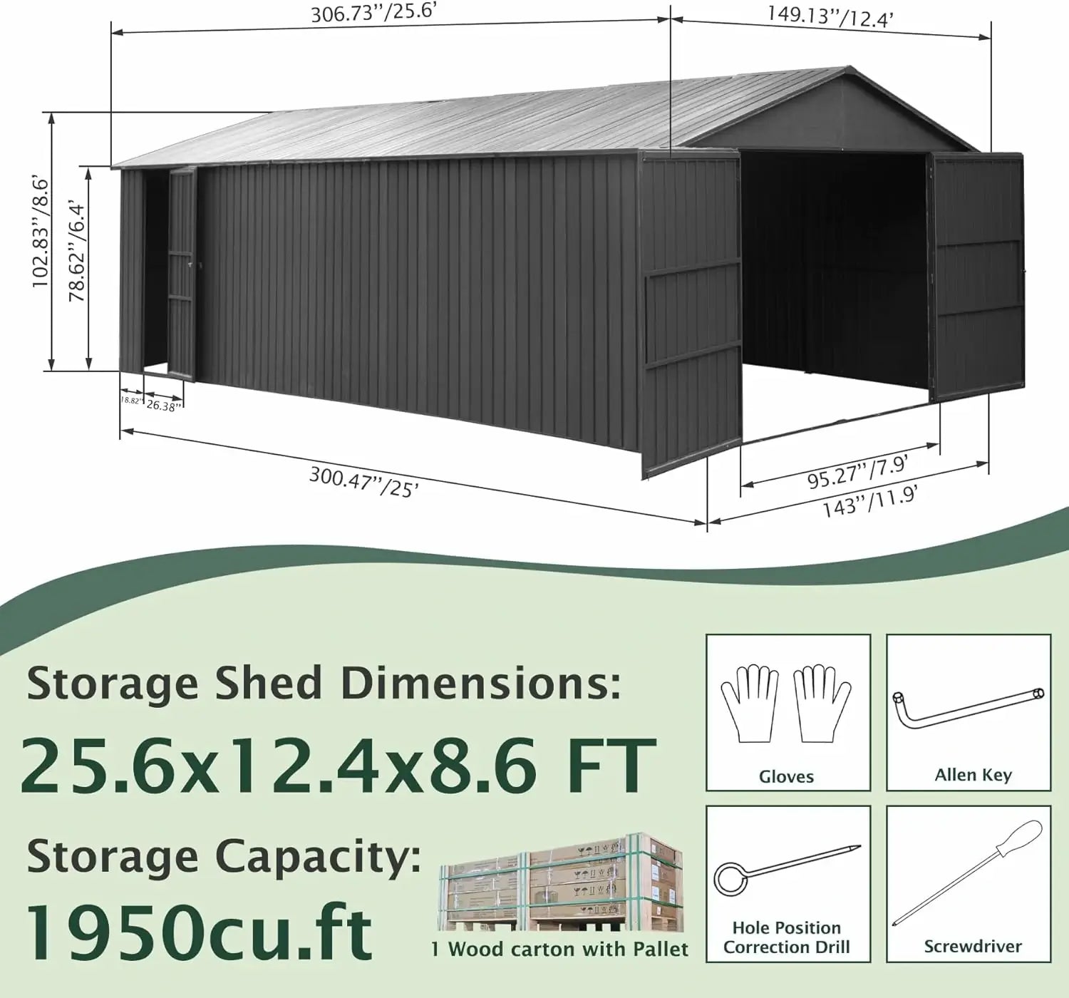 Domi Outdoor Living Dark Gray Metal Garage Shed Carport 12'x25' with Dual Doors