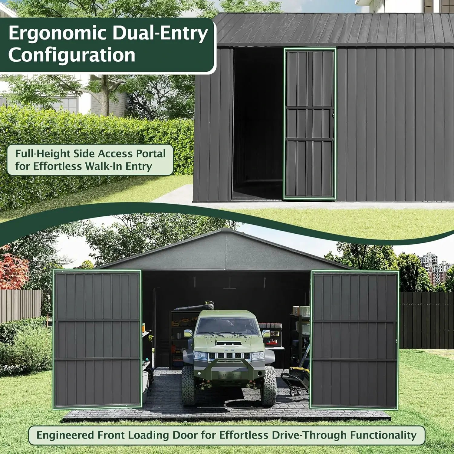 Domi Outdoor Living Dark Gray Metal Garage Shed Carport 12'x25' with Dual Doors