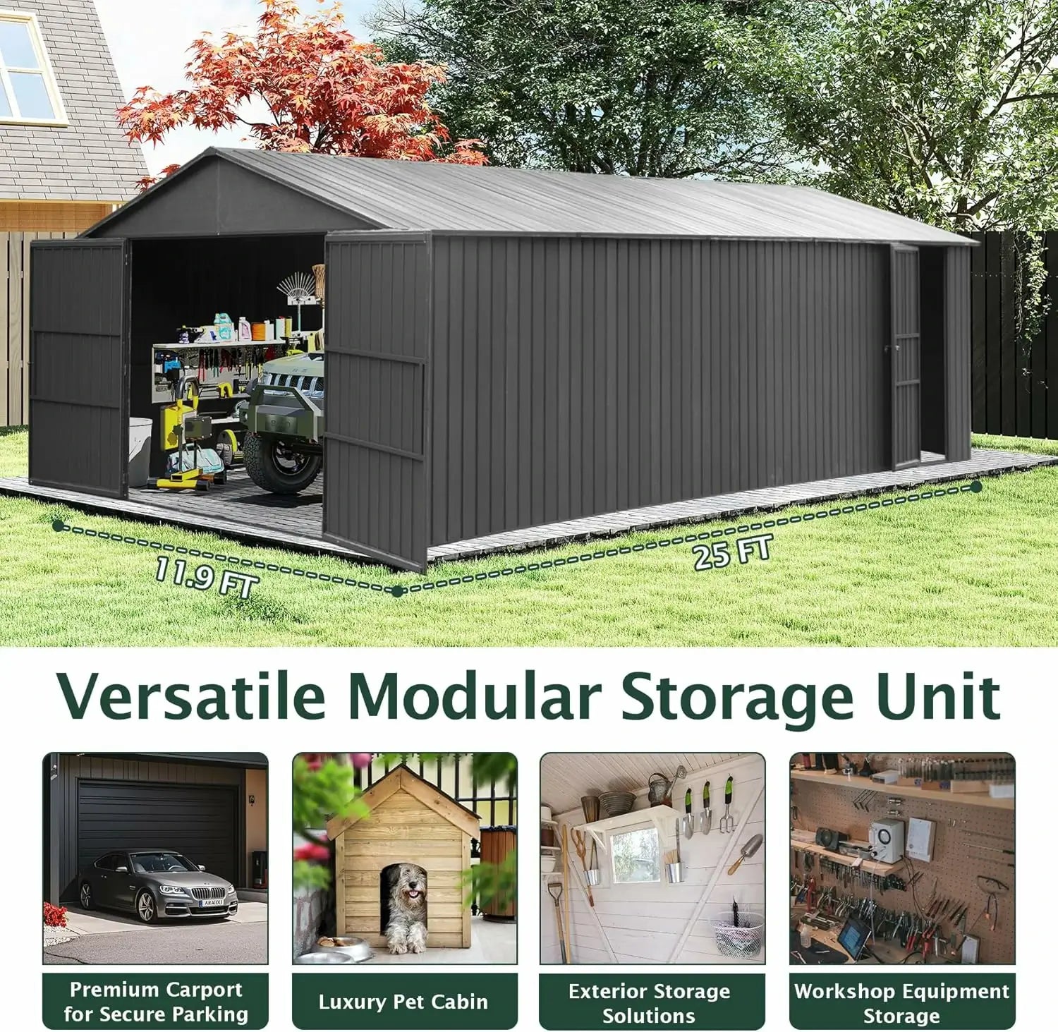 Domi Outdoor Living Dark Gray Metal Garage Shed Carport 12'x25' with Dual Doors