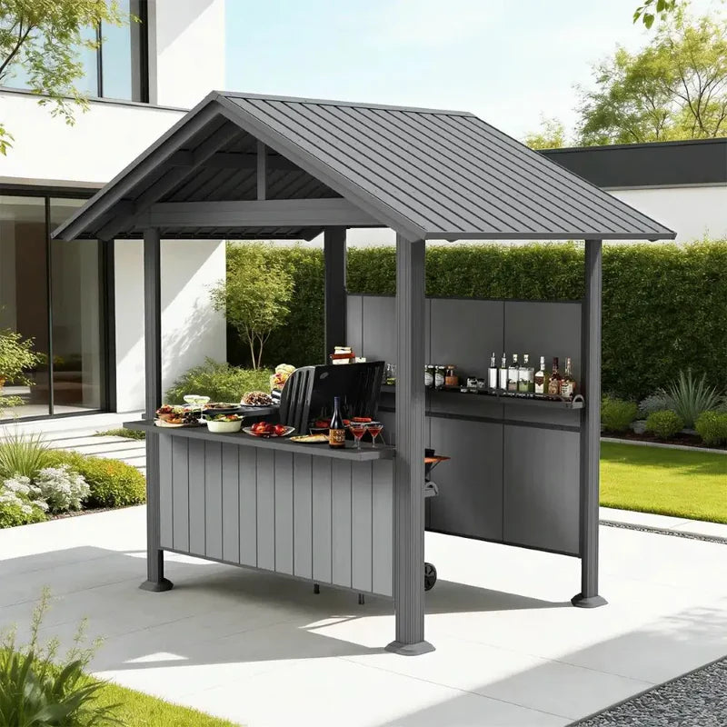 Domi 9' x 6' Hardtop Grill Gazebo for BBQ with Rust-Proof Galvanized Steel Gable Roof and Metal Side Shelves, Gray.