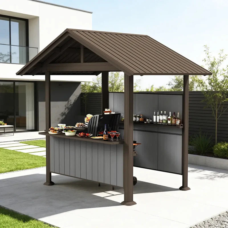 domi 9x6 Hardtop Grill Gazebo in Brown, featuring a rust-resistant galvanized steel gable roof and integrated bar counter. All-weather BBQ shelter for backyards.