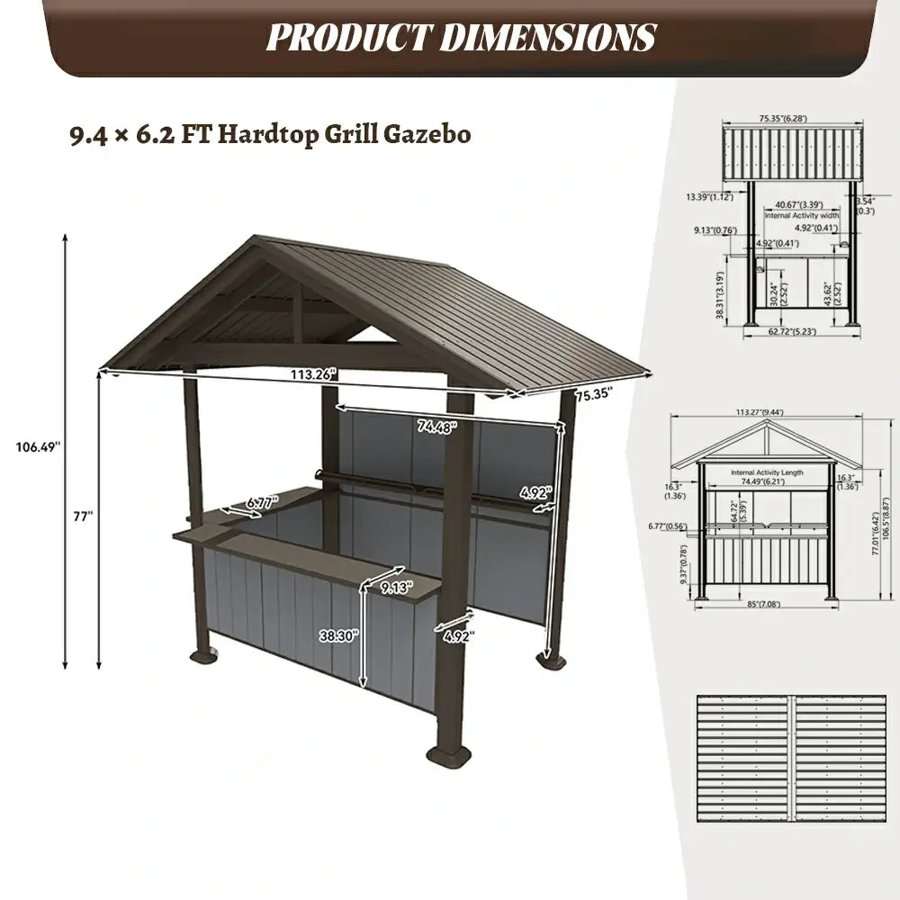 Product dimension specifications for the domi 9x6 Brown hardtop BBQ gazebo, showing precise measurements for backyard installation and spatial planning.