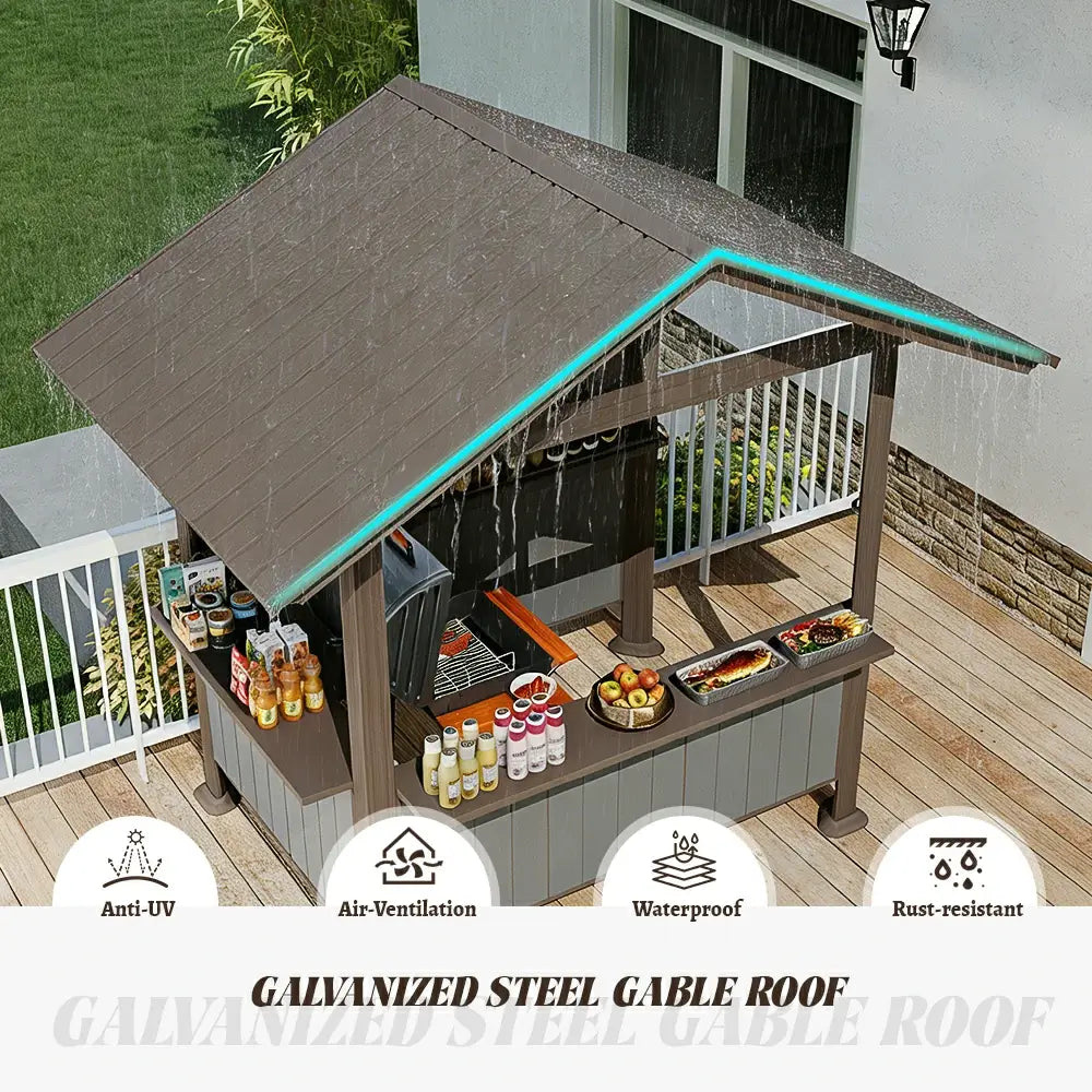 domi 9x6 Brown hardtop grill shelter, showcasing the stylish gable roof design for optimal water drainage and snow runoff.