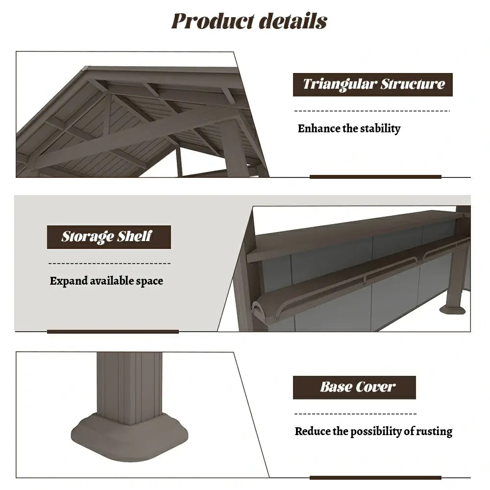 Structural details of the domi Brown BBQ gazebo: featuring triangular stability design, spacious storage shelves, and weather-resistant base covers.