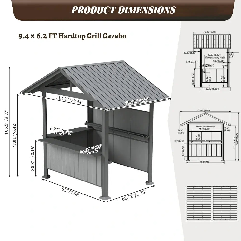 Detailed dimension for the domi 9x6 hardtop grillgazebo, showing height and width measurements for easy backyard installation planning.