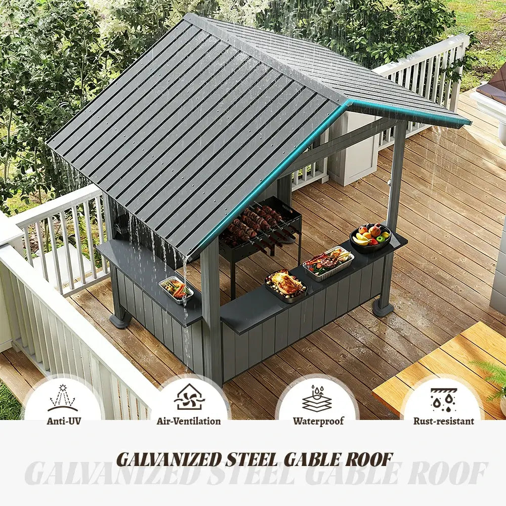 Aerial angle view of the domi 9x6 grey hardtop grill pavilion, highlighting the gable roof design for efficient water and snow runoff.