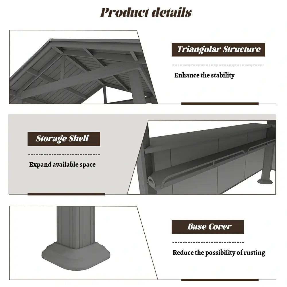 Technical features of the domi grill gazebo: triangular stability structure, wide storage shelves, and decorative base covers for enhanced durability.