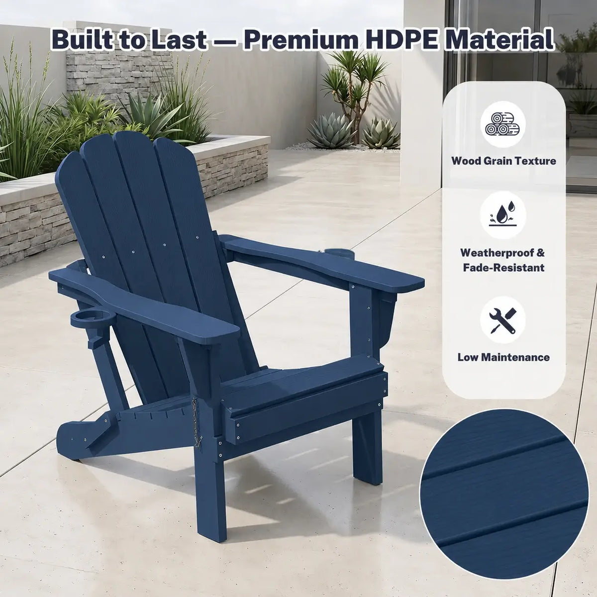 Domi weatherproof dark blue HDPE Muskoka & Adirondackchair with wood grain texture
