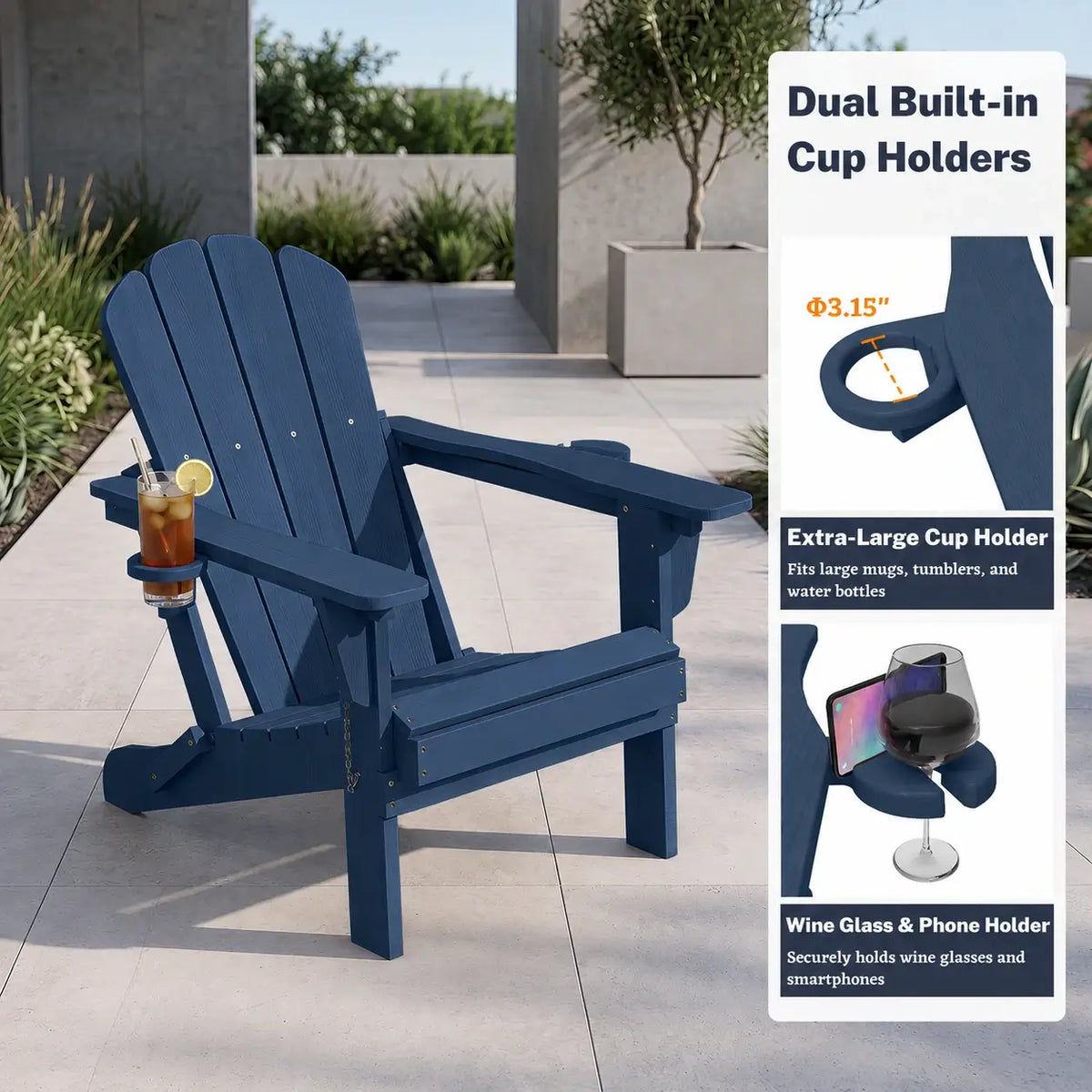 Domi dark blue Muskoka & Adirondack chair with dual retractable cup holders for drinks, wine glass, and phone