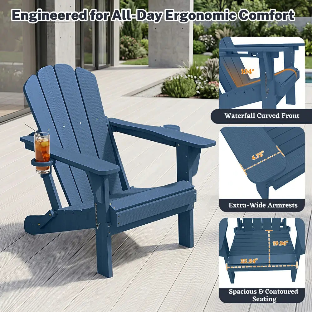 Domi dark blue adjustable Muskoka Adirondack chair with ergonomic design, wide armrests, and waterfall curved seat