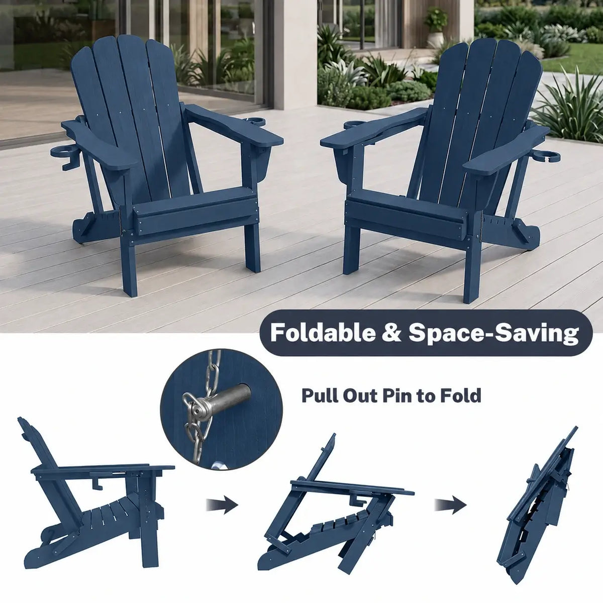 Domi folding dark blue Muskoka & Adirondack Chair with safety pull pin for easy storage
