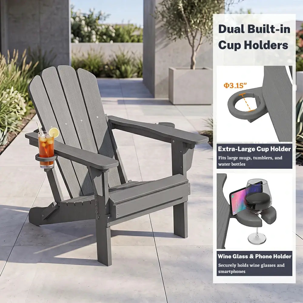 Domi grey Muskoka & Adirondack chair with dual retractable cup holders for drinks, wine glass, and phone