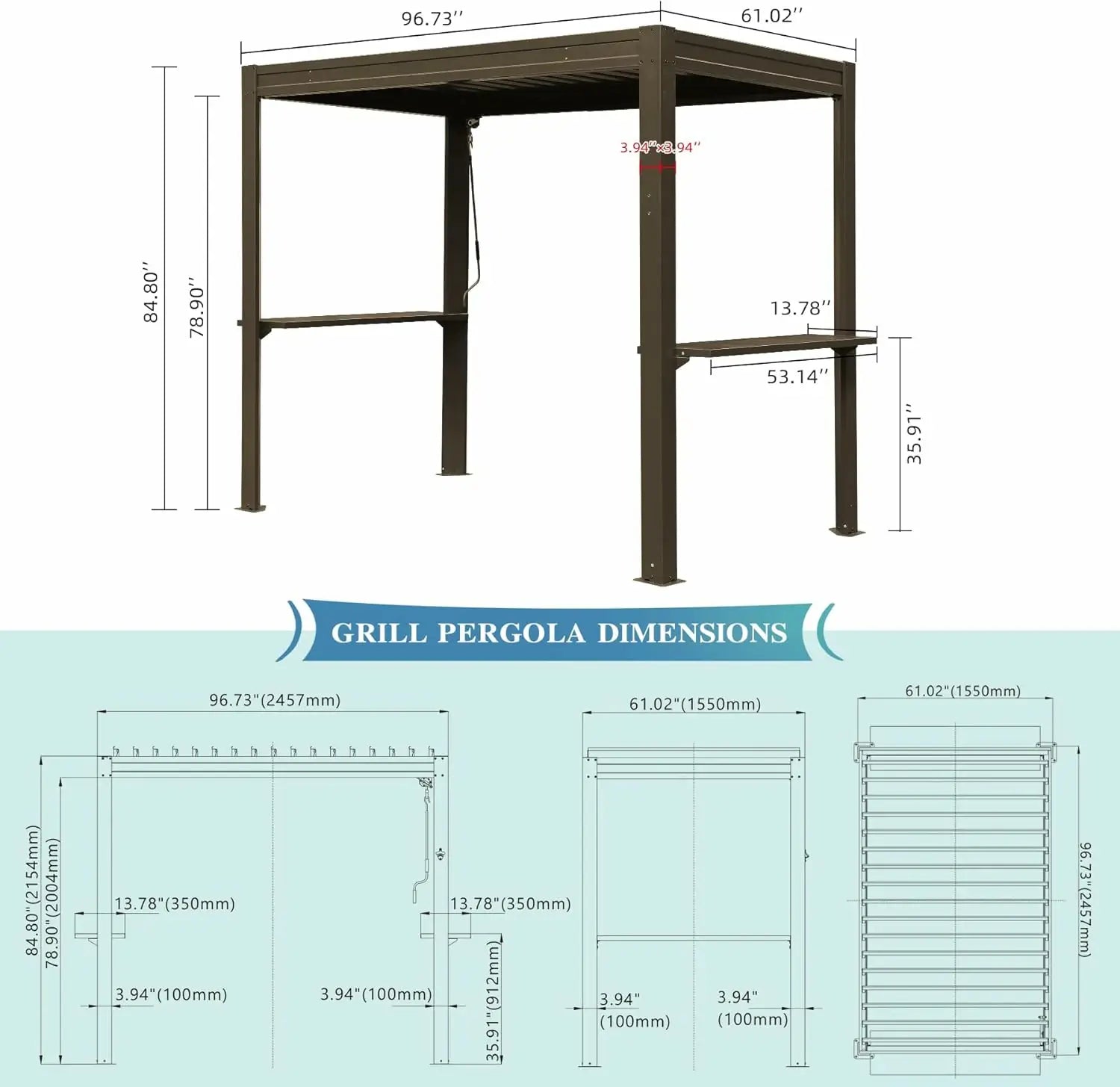 8' x 5' Aluminum Grill Gazebo with Adjustable Louvered Roof