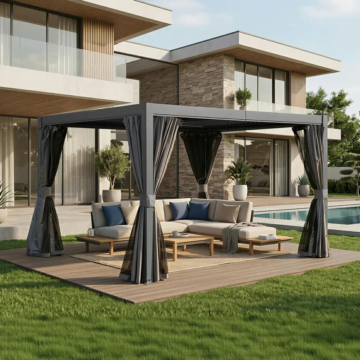 Domi Outdoor Living Louvered Pergola #Color_Gray #Size_10' x 12'