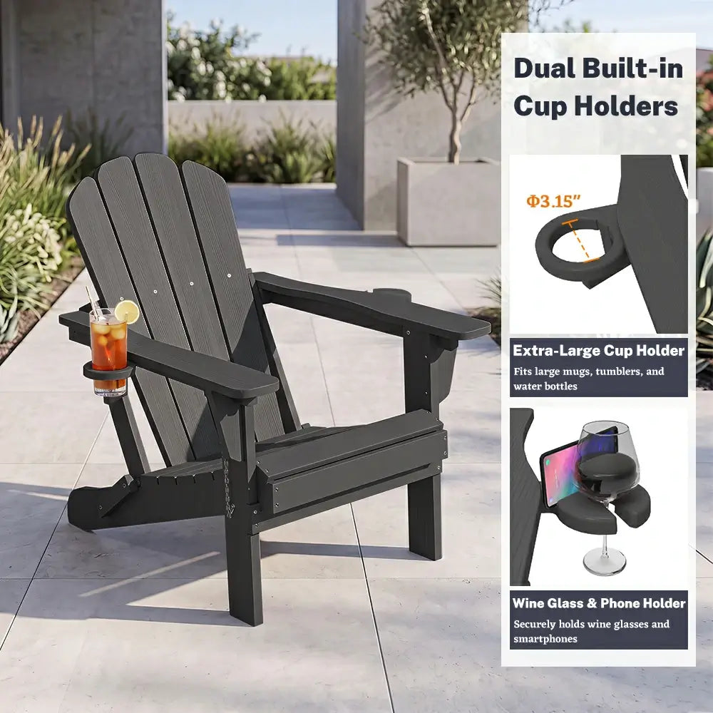 Domi classic HDPE black Muskoka Adirondack chair with dual built in cup holders and phone holder