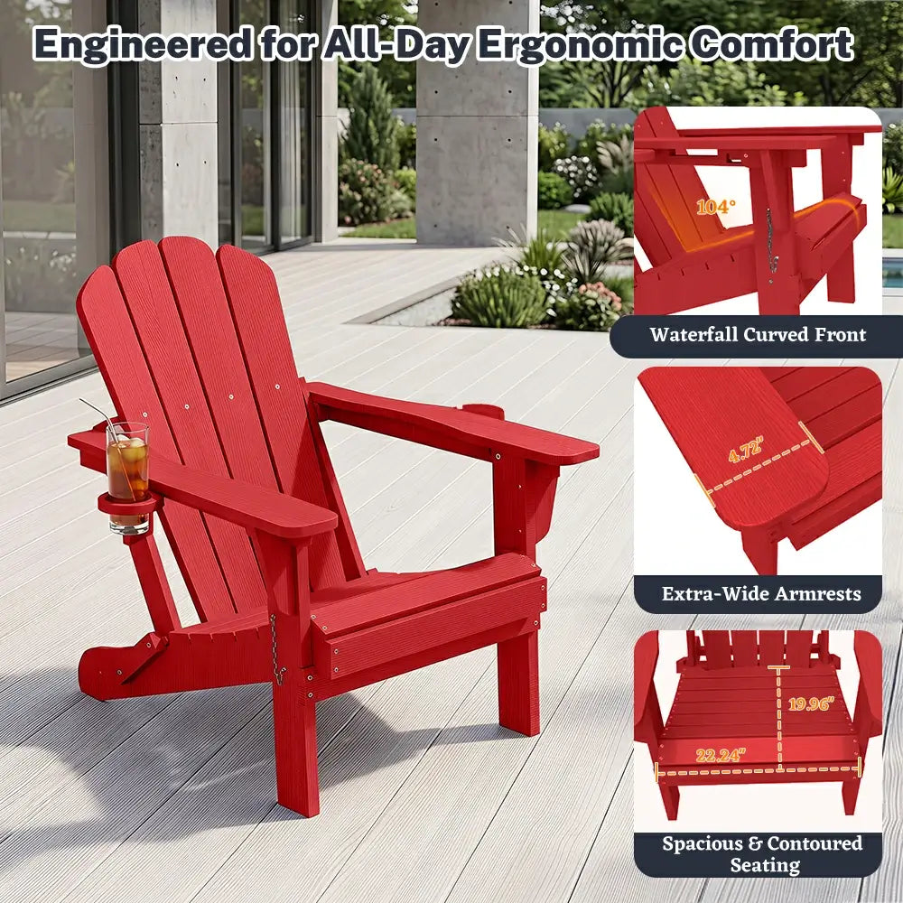 Domi classic HDPE red Muskoka Adirondack chair with ergonomic comfort curved seat and wide armrests