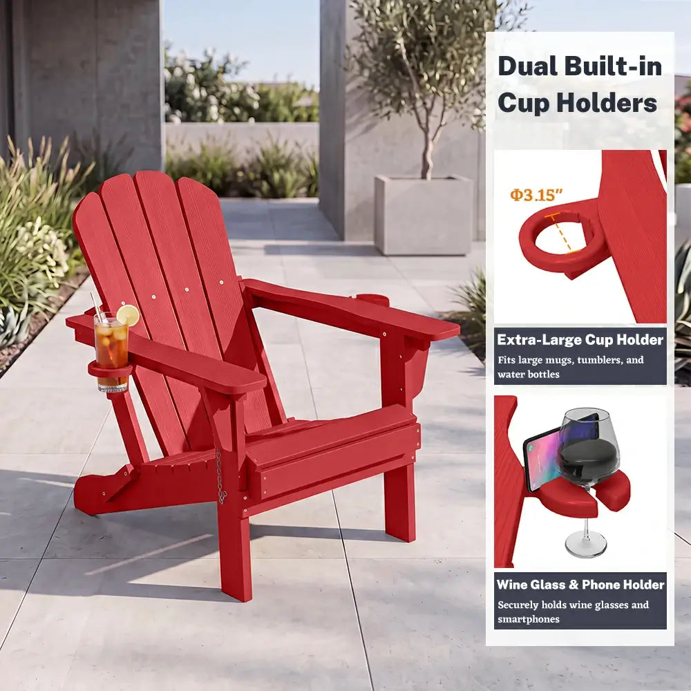 Domi classic HDPE red Muskoka Adirondack chair with dual built in cup holders and phone holder