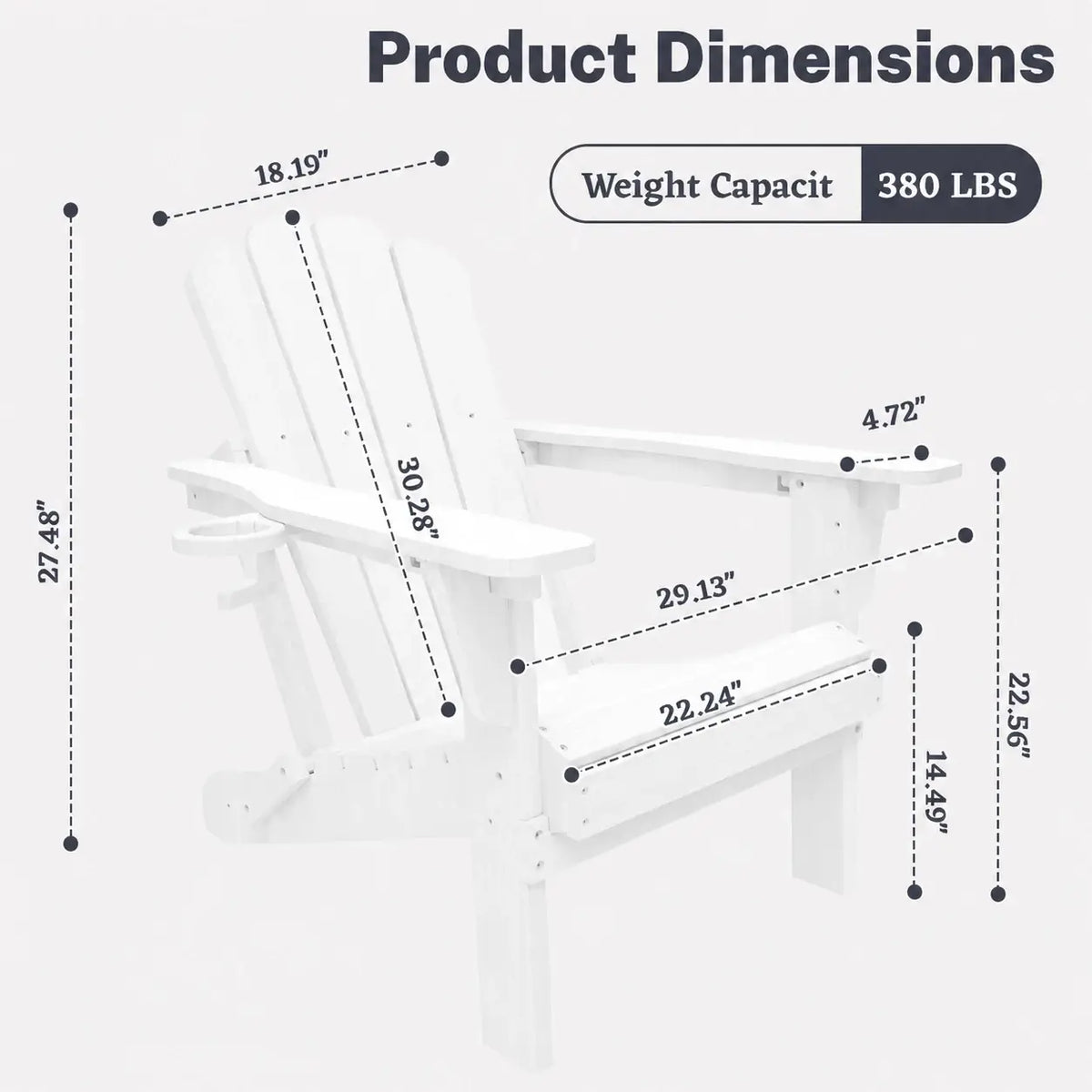 Domi classic HDPE white Muskoka Adirondack chair product dimensions and 380 lbs weight capacity