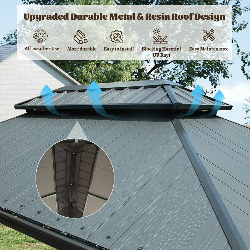 Galvanized Steel Hardtop Gazebo Dark Gray with Resin Roof & Gutters