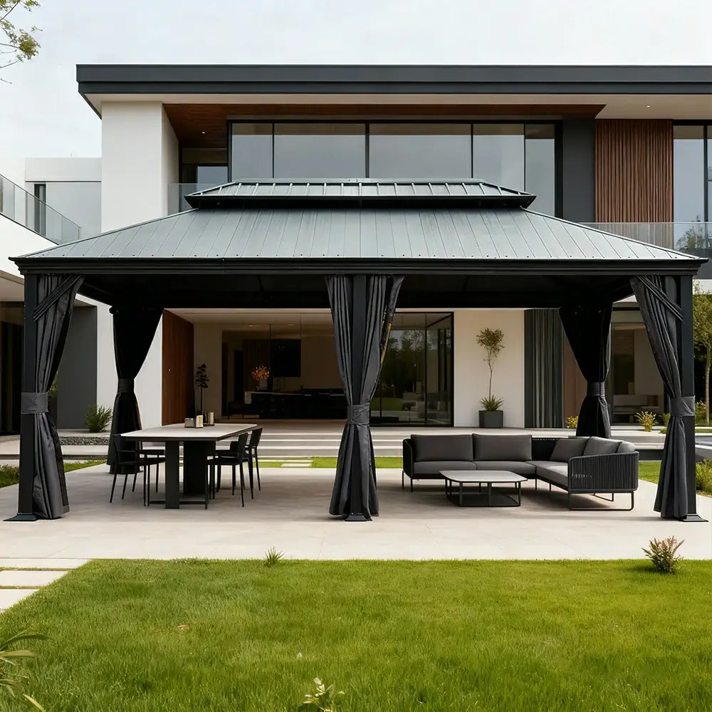 Galvanized Steel Hardtop Gazebo Dark Gray with Resin Roof & Gutters