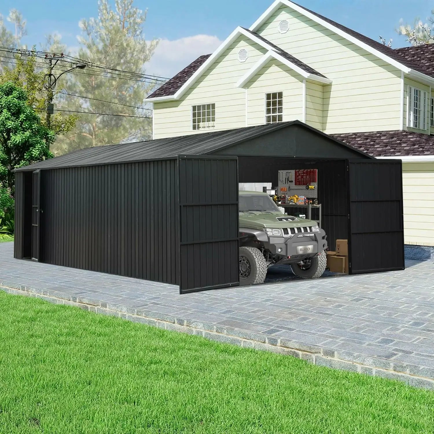 Domi Outdoor Living Dark Gray Metal Garage Shed Carport 12'x20' with Dual Doors