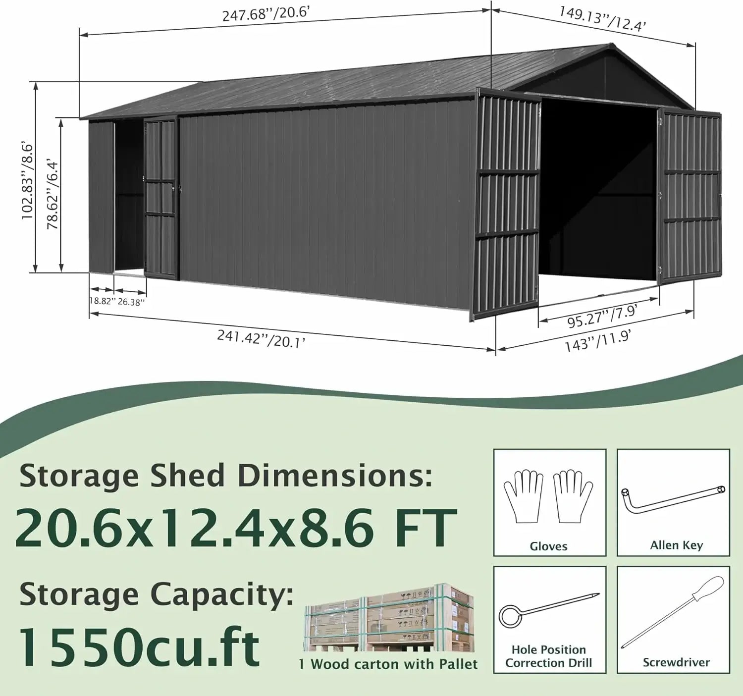 Domi Outdoor Living Dark Gray Metal Garage Shed Carport 12'x20' with Dual Doors