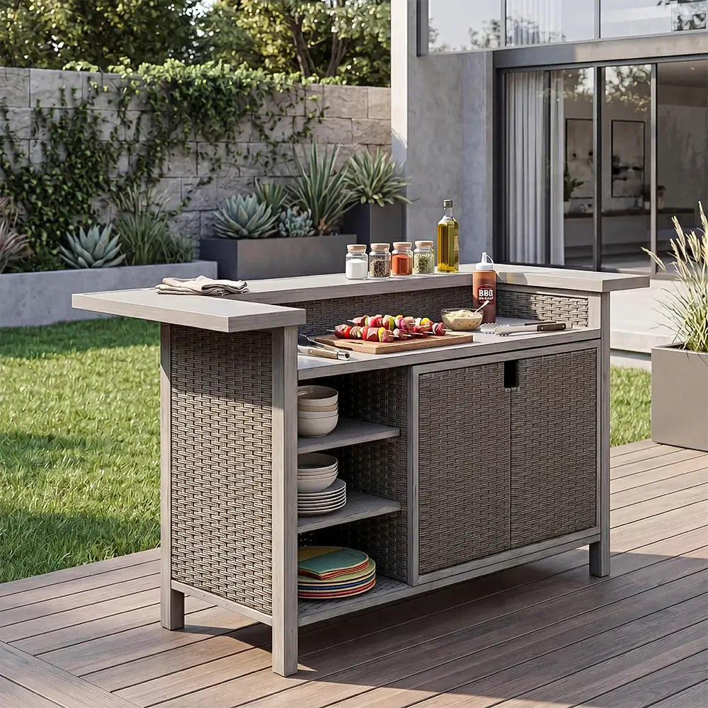Modern Gray Wicker & Aluminum Outdoor Bar Table