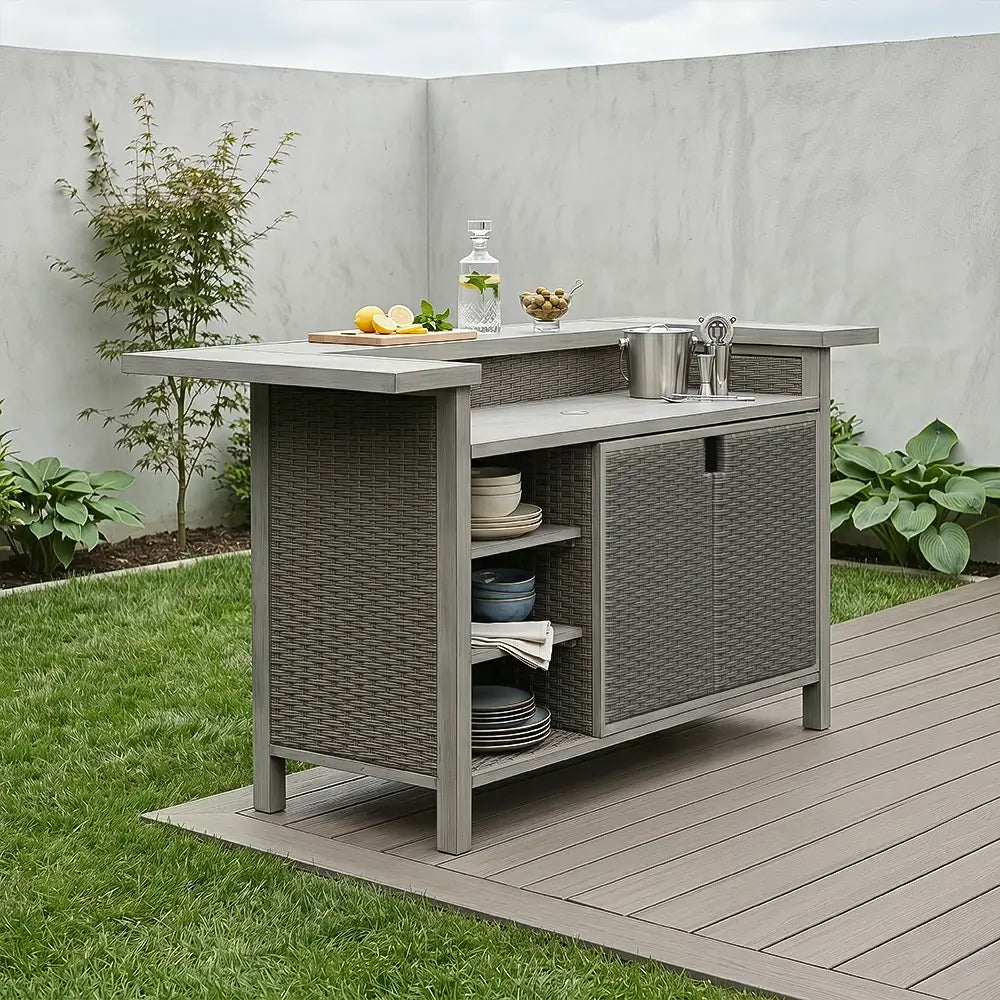 Modern Gray Wicker & Aluminum Outdoor Bar Table