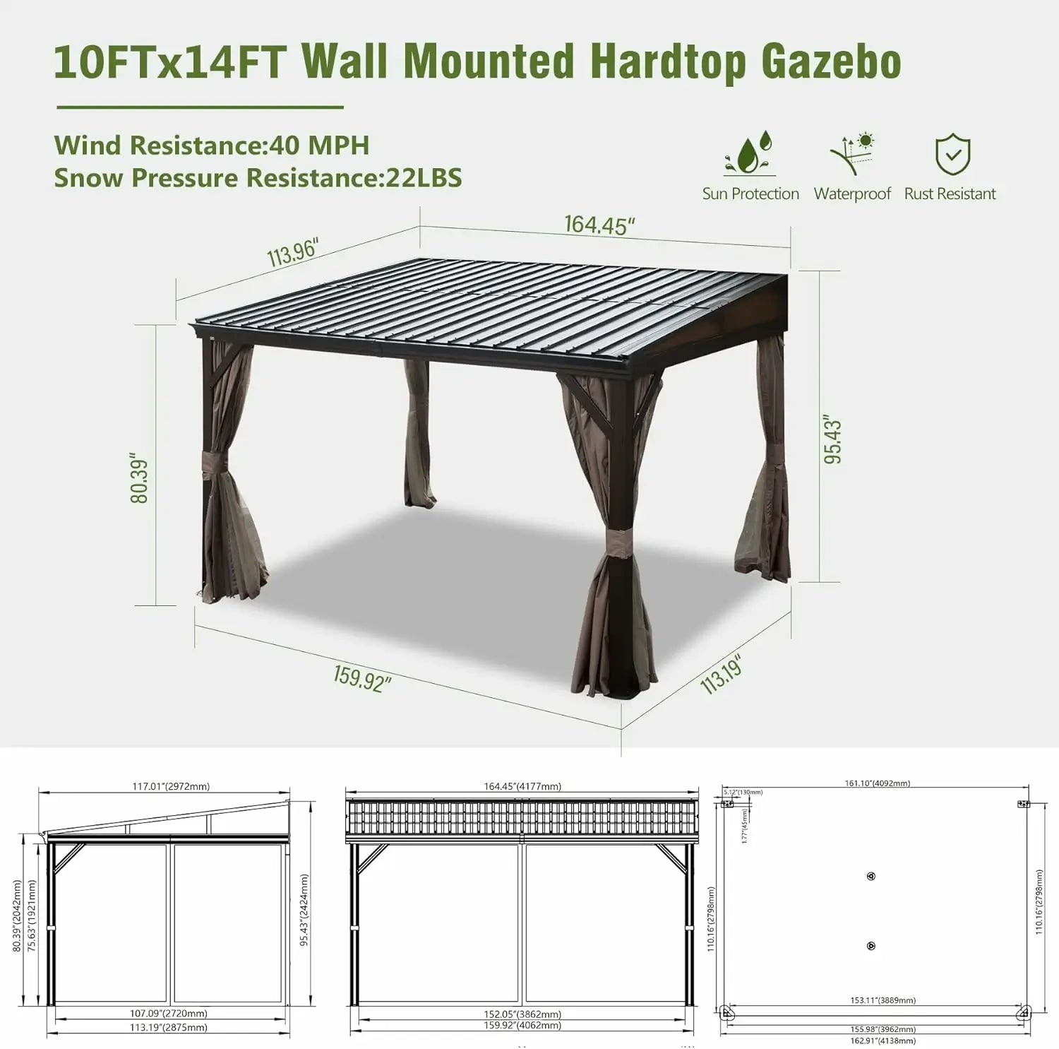 Wall-Mounted Gazebo with Drainage Gutters#size_10' x 14'